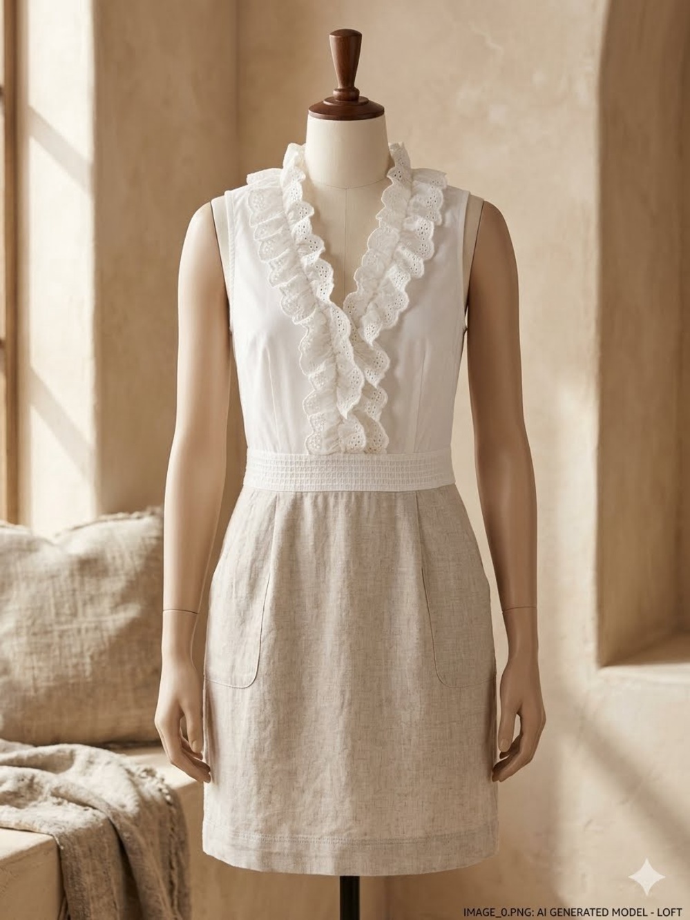 LOFT Ann Taylor Ruffle Neck Sleeveless Cotton Linen Blend Dress with Pockets 6P